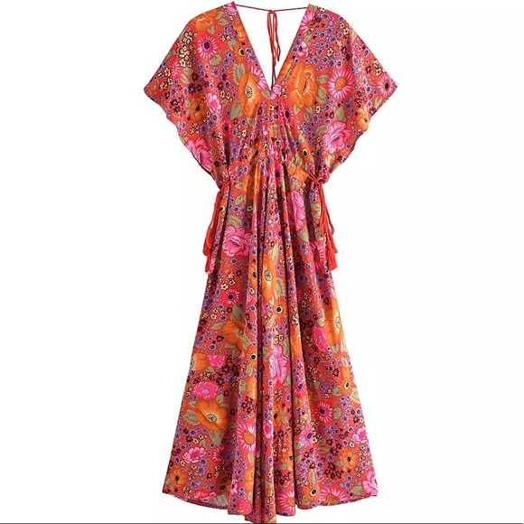 Red Lovebird Boho Floral Flare Maxi Dress W/Empire Waist Tassels&Batwing Sleeves - Picture 14 of 15